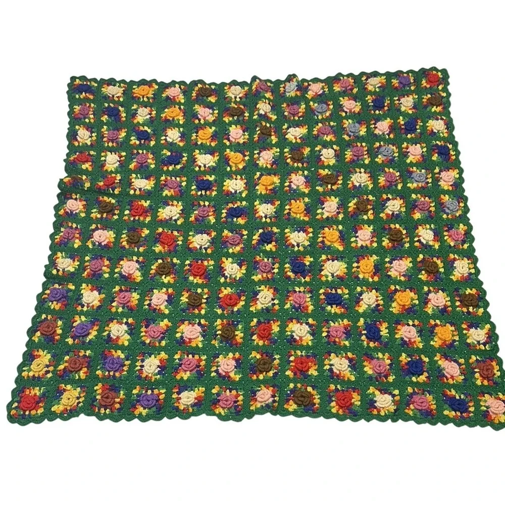 Handmade Granny Square Throw Floral 3D Knit Green Colorful Sofa Blanket Afgan